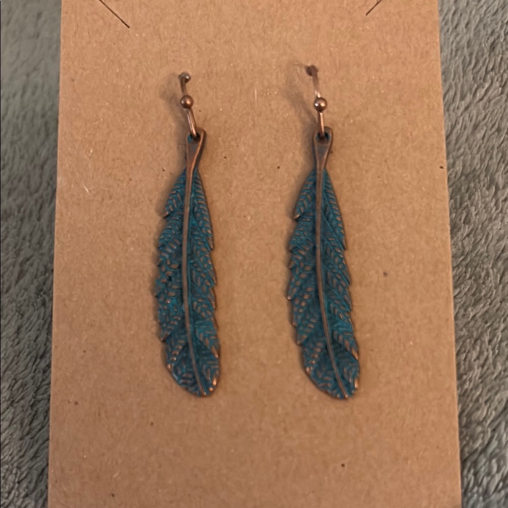 Elegant Feather Earrings in Teal and Bronze